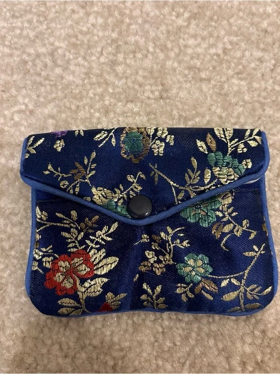Asian Chinese Blue Black Gold Mini Pouch Bag Lot of 3 Floral Pattern Zip Button - Picture 5 of 12